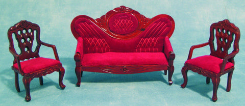 12th scale dollshouse miniature mahogany and red sofa and armchairs