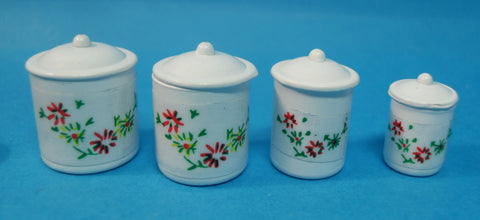 12th scale dollhouse miniature set of white floral canisters