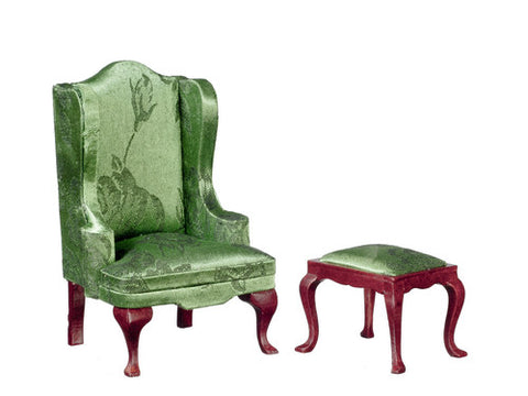 12th scale dollshouse miniature Queen Anne winged chair and footstool