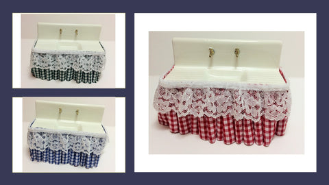 1:12 scale dollhouse miniature kitchen butler sink with gingham skirt